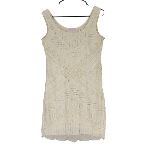 Romeo & Juliet Couture Beaded Sheath Dress sz M Women Mini Cream Pearls Cocktail - Picture 1 of 11